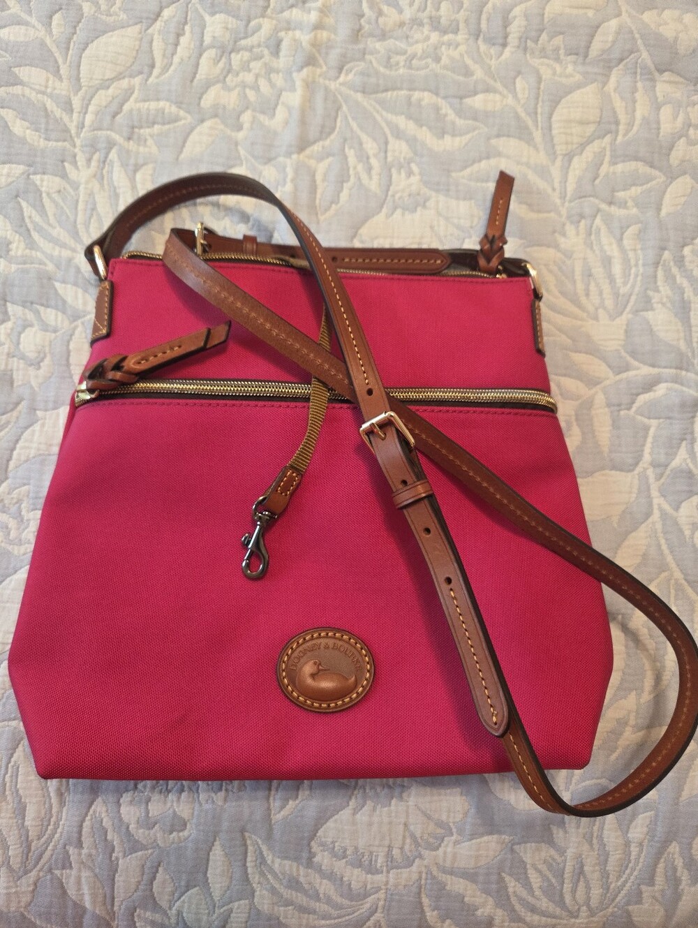 Dooney & Bourke Hot Pink Crossbody with Brown Leather Trim - Picture 2 of 13